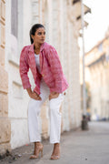Pink Single Buttoned Handwoven Ikat Jacket at Kamakhyaa by Krushnachuda. This item is Handloom Cotton, Ikat Print, Jackets, Natural Dye, Organic, Outer Wear, Pink, Regular Fit