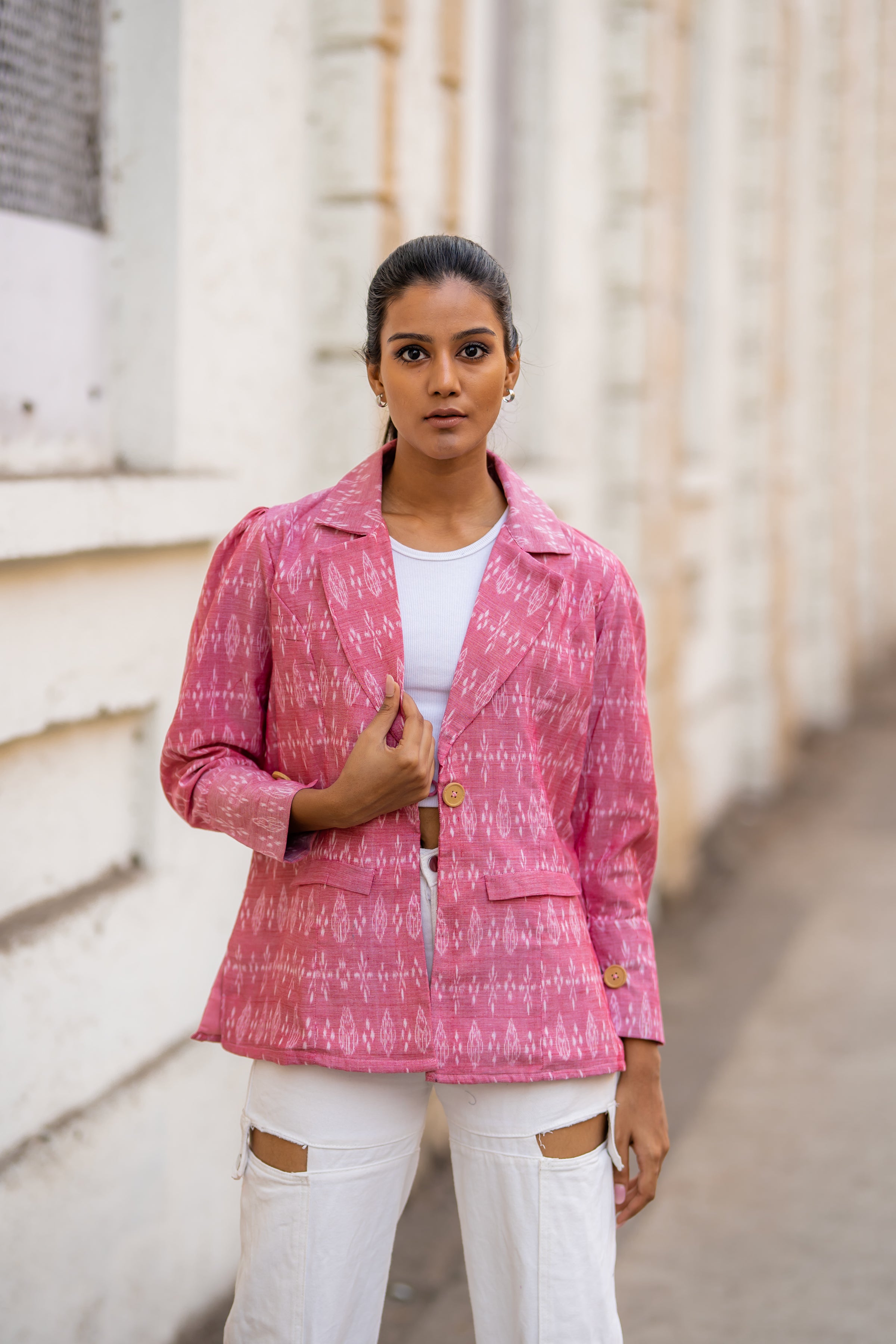 Pink Single Buttoned Handwoven Ikat Jacket at Kamakhyaa by Krushnachuda. This item is Handloom Cotton, Ikat Print, Jackets, Natural Dye, Organic, Outer Wear, Pink, Regular Fit