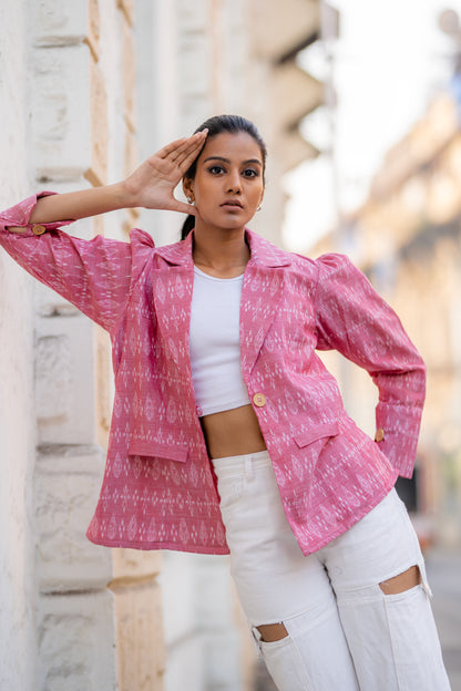 Pink Single Buttoned Handwoven Ikat Jacket at Kamakhyaa by Krushnachuda. This item is Handloom Cotton, Ikat Print, Jackets, Natural Dye, Organic, Outer Wear, Pink, Regular Fit
