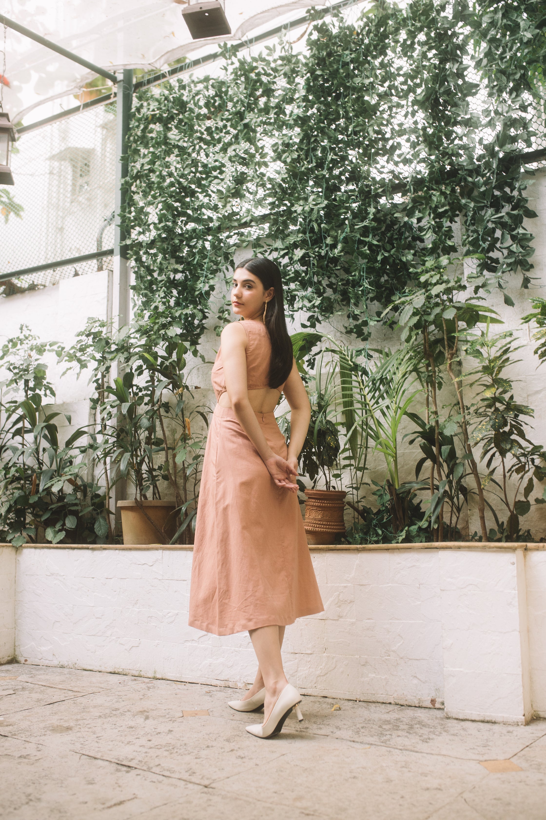 Pink Sleeveless Dress with Cut-Outs at kamakhyaa.com by Anushé Pirani. This item is Birthday Collection, Cotton Hemp, Cut Out Dresses, Dresses, Maxi Dresses, Nostalgic Whispers by Anushe Pirani, Office Formals, Office Party, Pastels, Pink, Review September 2025, Sleeveless, Sleeveless Dresses, Womenswear