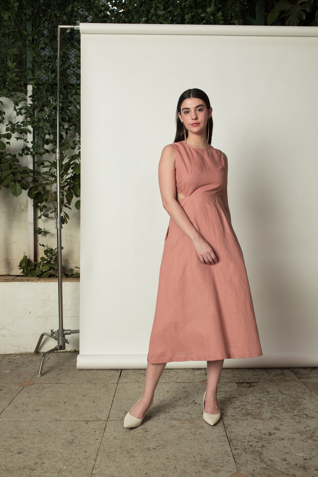 Pink Sleeveless Dress with Cut-Outs at kamakhyaa.com by Anushé Pirani. This item is Birthday Collection, Cotton Hemp, Cut Out Dresses, Dresses, Maxi Dresses, Nostalgic Whispers by Anushe Pirani, Office Formals, Office Party, Pastels, Pink, Review September 2025, Sleeveless, Sleeveless Dresses, Womenswear