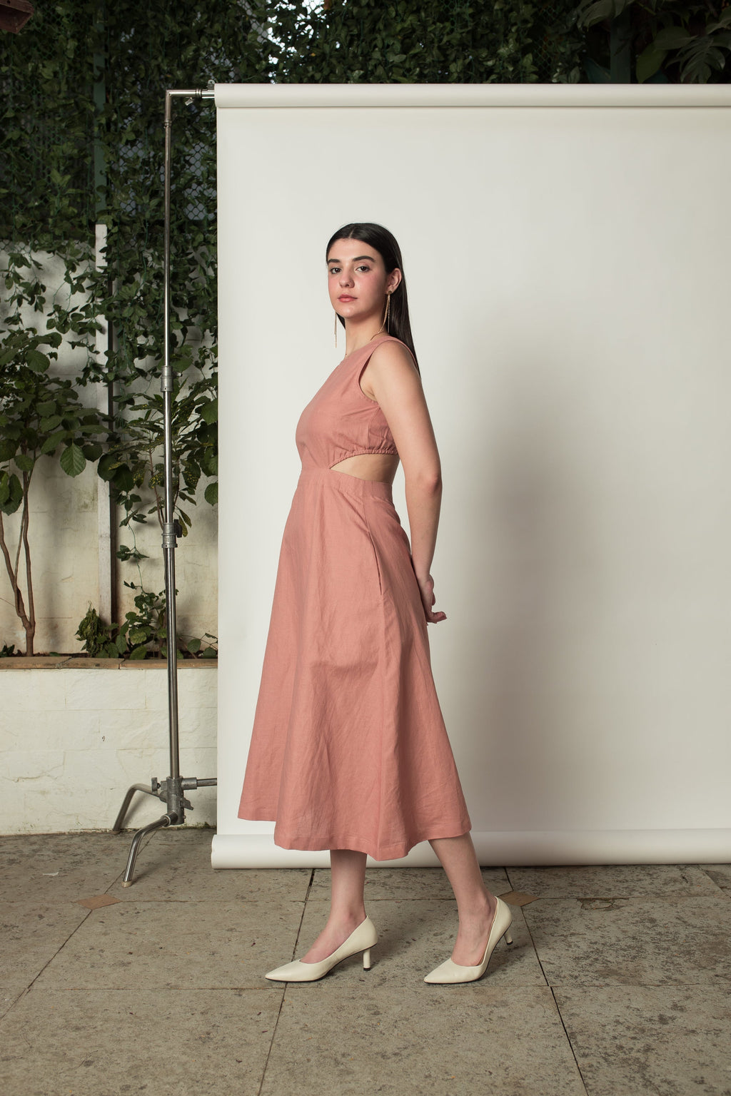 Pink Sleeveless Dress with Cut-Outs at kamakhyaa.com by Anushé Pirani. This item is Birthday Collection, Cotton Hemp, Cut Out Dresses, Dresses, Maxi Dresses, Nostalgic Whispers by Anushe Pirani, Office Formals, Office Party, Pastels, Pink, Review September 2025, Sleeveless, Sleeveless Dresses, Womenswear