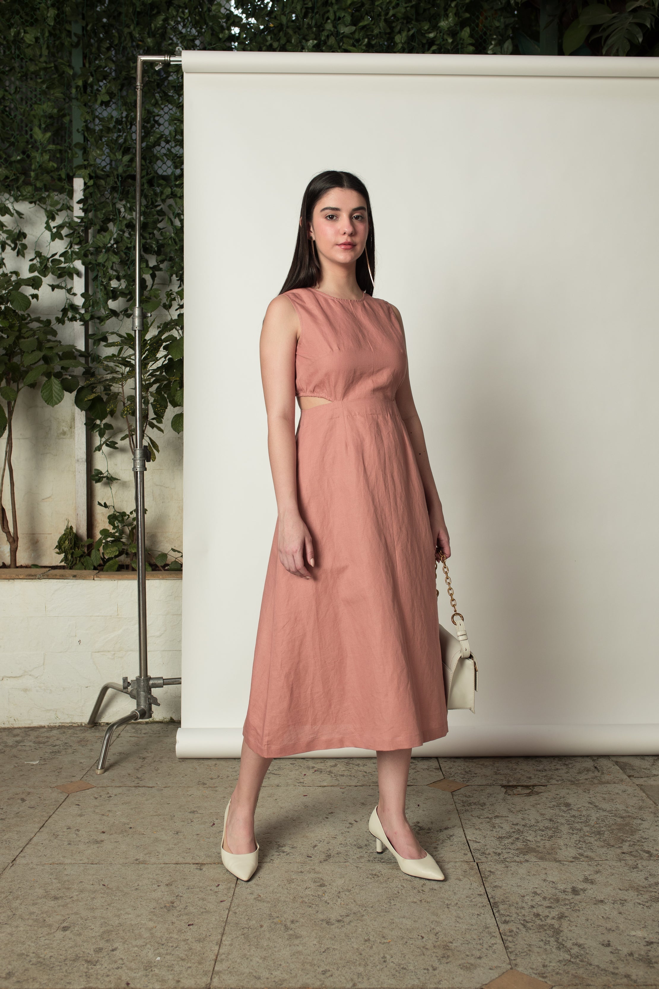 Pink Sleeveless Dress with Cut-Outs at kamakhyaa.com by Anushé Pirani. This item is Birthday Collection, Cotton Hemp, Cut Out Dresses, Dresses, Maxi Dresses, Nostalgic Whispers by Anushe Pirani, Office Formals, Office Party, Pastels, Pink, Review September 2025, Sleeveless, Sleeveless Dresses, Womenswear