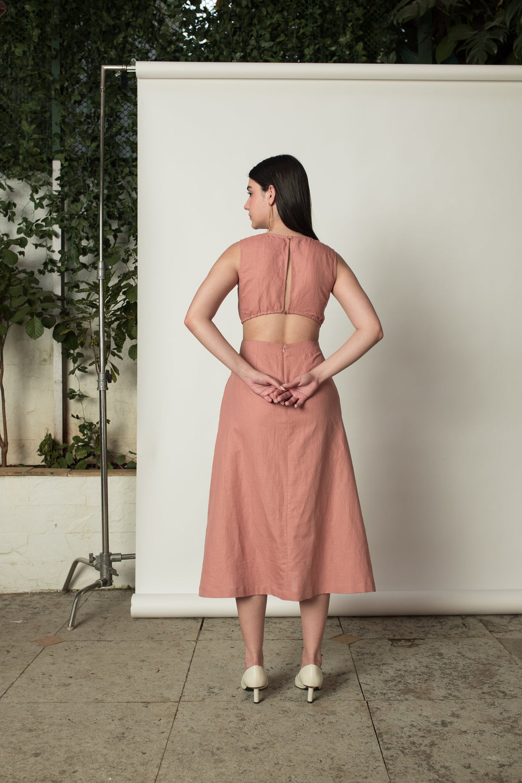 Pink Sleeveless Dress with Cut-Outs at kamakhyaa.com by Anushé Pirani. This item is Birthday Collection, Cotton Hemp, Cut Out Dresses, Dresses, Maxi Dresses, Nostalgic Whispers by Anushe Pirani, Office Formals, Office Party, Pastels, Pink, Review September 2025, Sleeveless, Sleeveless Dresses, Womenswear