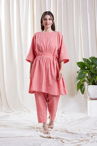 Pink Striped Kaftan Co-Ord Set at Kamakhyaa by Hasttvam. This item is Cotton, Fusion Wear, Handmade by Artisans, Natural dyes, Pink, Relaxed Fit, Respondible production and Vegan, Stripes