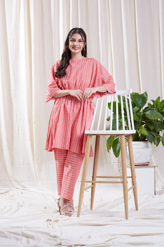 Pink Striped Kaftan Co-Ord Set at Kamakhyaa by Hasttvam. This item is Cotton, Fusion Wear, Handmade by Artisans, Natural dyes, Pink, Relaxed Fit, Respondible production and Vegan, Stripes