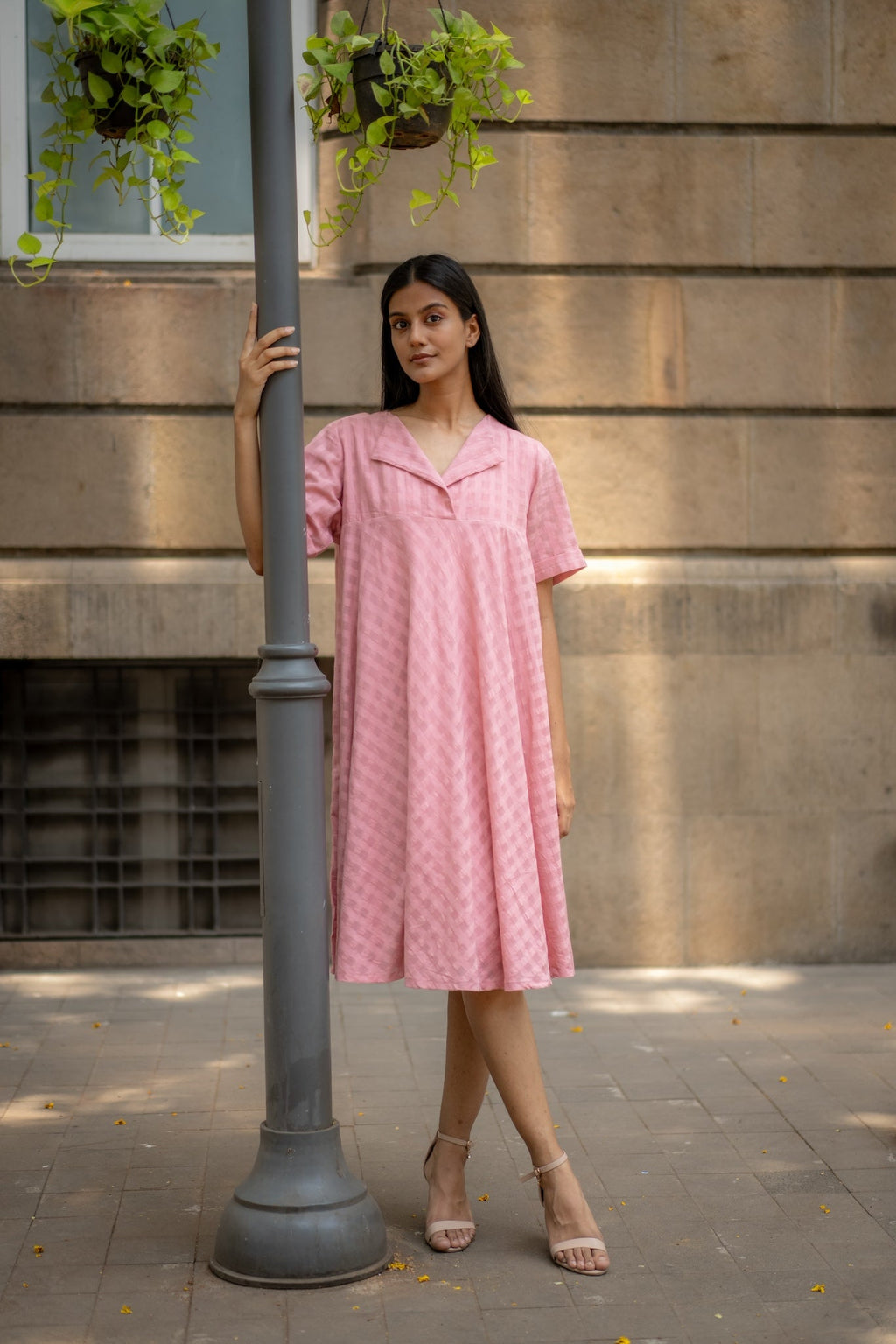 Pink Textured A-line Dress at Kamakhyaa by Krushnachuda. This item is Chilika by Krushnachuda, Handloom Cotton, Loose Fit, Natural Dye, Organic, Outerwear, Pink, Self design, Under $150, Womenswear