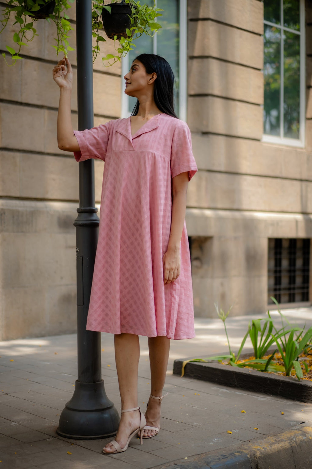 Pink Textured A-line Dress at Kamakhyaa by Krushnachuda. This item is Chilika by Krushnachuda, Handloom Cotton, Loose Fit, Natural Dye, Organic, Outerwear, Pink, Self design, Under $150, Womenswear