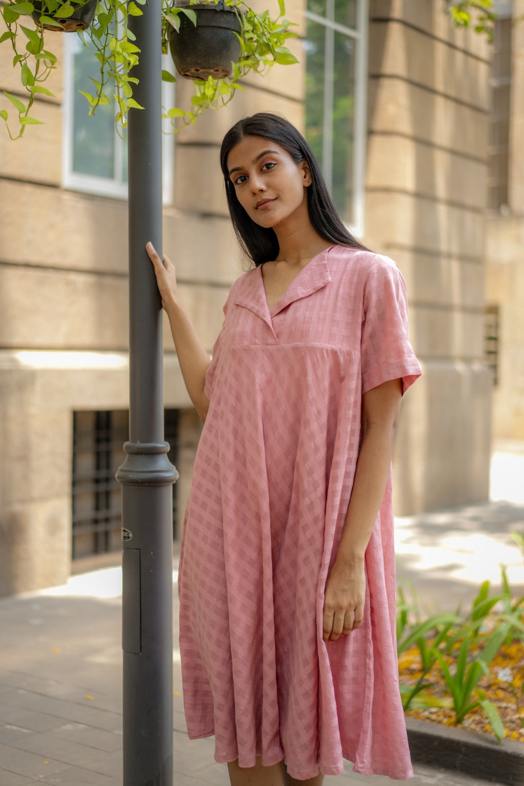 Pink Textured A-line Dress at Kamakhyaa by Krushnachuda. This item is Chilika by Krushnachuda, Handloom Cotton, Loose Fit, Natural Dye, Organic, Outerwear, Pink, Self design, Under $150, Womenswear
