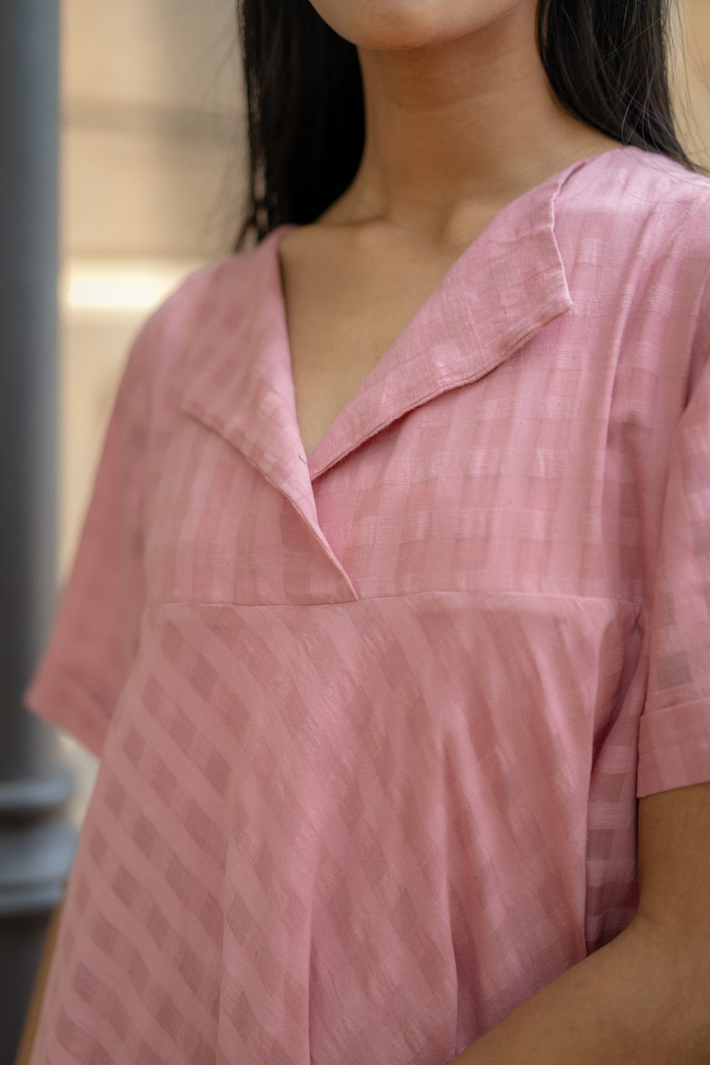 Pink Textured A-line Dress at Kamakhyaa by Krushnachuda. This item is Chilika by Krushnachuda, Handloom Cotton, Loose Fit, Natural Dye, Organic, Outerwear, Pink, Self design, Under $150, Womenswear