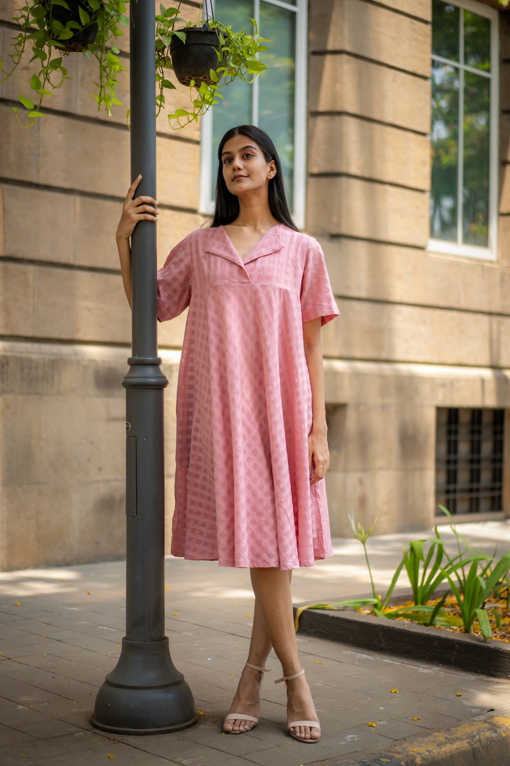 Pink Textured A-line Dress at Kamakhyaa by Krushnachuda. This item is Chilika by Krushnachuda, Handloom Cotton, Loose Fit, Natural Dye, Organic, Outerwear, Pink, Self design, Under $150, Womenswear