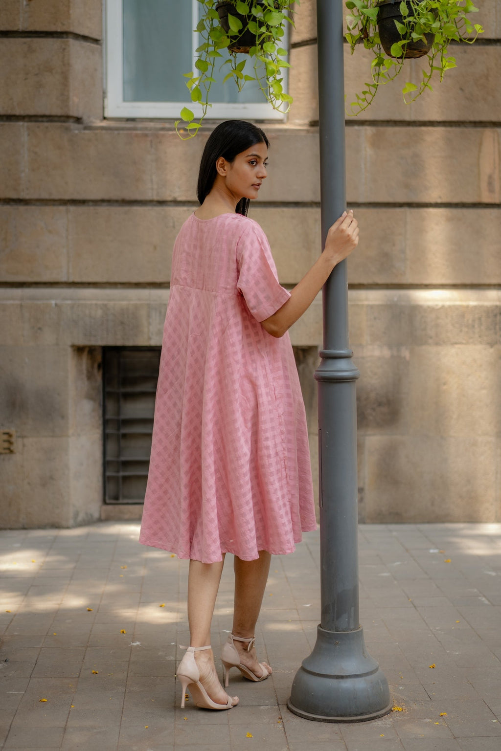 Pink Textured A-line Dress at Kamakhyaa by Krushnachuda. This item is Chilika by Krushnachuda, Handloom Cotton, Loose Fit, Natural Dye, Organic, Outerwear, Pink, Self design, Under $150, Womenswear