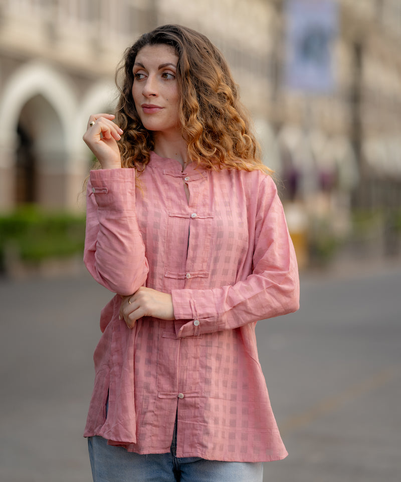 Pink Textured Handwoven Shirt at Kamakhyaa by Krushnachuda. This item is Chilika by Krushnachuda, Handloom Cotton, Loose Fit, Natural Dye, Organic, Outerwear, Pink, Self Design, Under $100, Womenswear