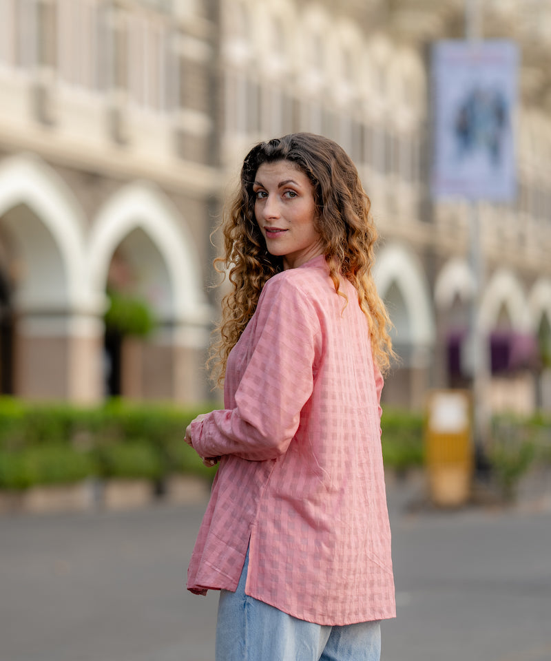 Pink Textured Handwoven Shirt at Kamakhyaa by Krushnachuda. This item is Chilika by Krushnachuda, Handloom Cotton, Loose Fit, Natural Dye, Organic, Outerwear, Pink, Self Design, Under $100, Womenswear