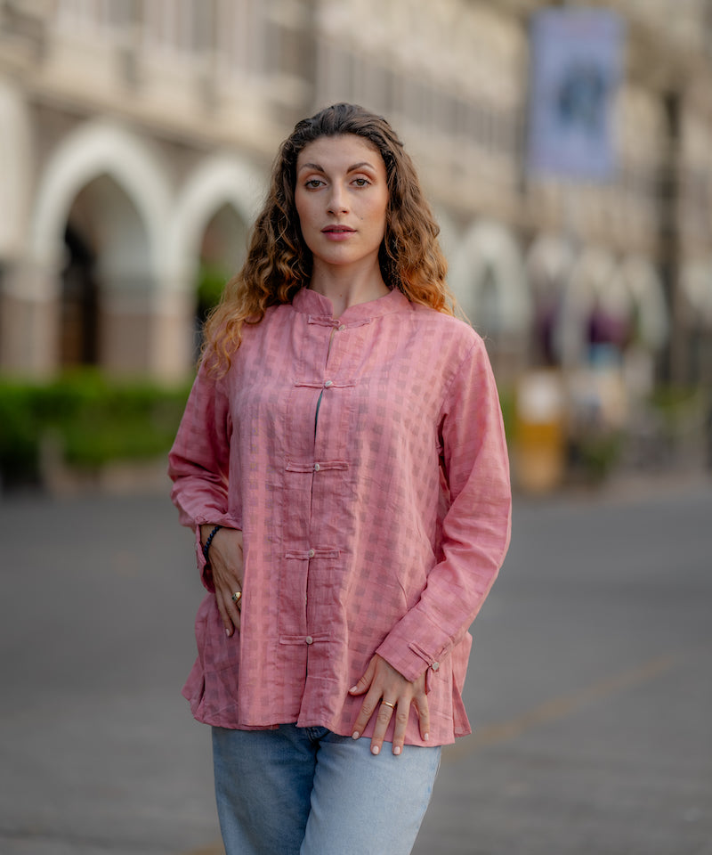 Pink Textured Handwoven Shirt at Kamakhyaa by Krushnachuda. This item is Chilika by Krushnachuda, Handloom Cotton, Loose Fit, Natural Dye, Organic, Outerwear, Pink, Self Design, Under $100, Womenswear