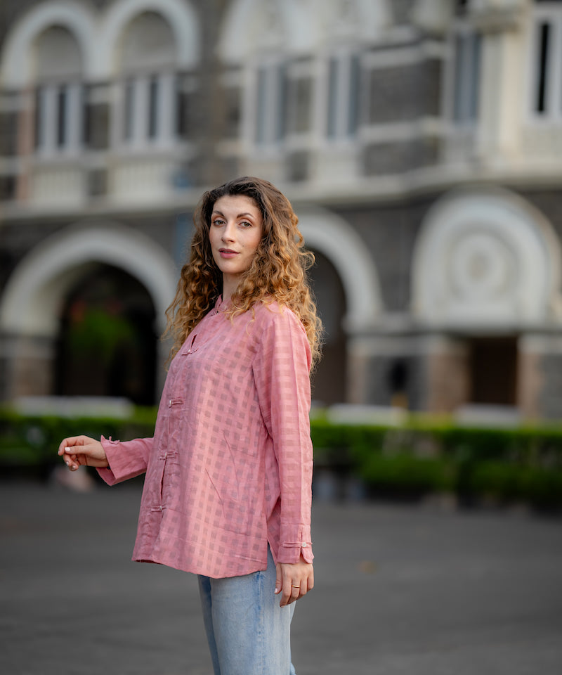 Pink Textured Handwoven Shirt at Kamakhyaa by Krushnachuda. This item is Chilika by Krushnachuda, Handloom Cotton, Loose Fit, Natural Dye, Organic, Outerwear, Pink, Self Design, Under $100, Womenswear
