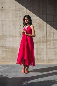 Pink V-Neck Chanderi Silk Dress at Kamakhyaa by Araayeh. This item is Artisan Made, Handwoven Chanderi, Pink, Regular Fit, Resort Wear, Sleeveless Dresses, Solids