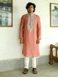 Pink Viscose Silk Kurta Set at Kamakhyaa by RoohbyRidhimaa. This item is Aangan By RoohbyRidhimaa, Ambani, Chinese Collar, Eid Special, Festive Wear, Mehendi Function, Men Kurta Pant Sets, Menswear, Menswear By RoohbyRidhimaa, missing, Pants, Pink, Regular Fit, Solids, Viscose, Viscose Raw Silk, Wedding Wear