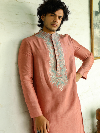 Pink Viscose Silk Kurta Set at Kamakhyaa by RoohbyRidhimaa. This item is Aangan By RoohbyRidhimaa, Festive Wear, Kurta Pant Sets, Men Kurta Pant Sets, Menswear By RoohbyRidhimaa, Pink, Regular Fit, Solids, Viscose Raw Silk