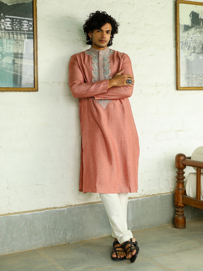 Pink Viscose Silk Kurta Set at Kamakhyaa by RoohbyRidhimaa. This item is Aangan By RoohbyRidhimaa, Festive Wear, Kurta Pant Sets, Men Kurta Pant Sets, Menswear By RoohbyRidhimaa, Pink, Regular Fit, Solids, Viscose Raw Silk