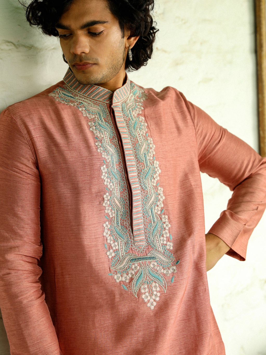 Pink Viscose Silk Kurta Set at Kamakhyaa by RoohbyRidhimaa. This item is Aangan By RoohbyRidhimaa, Ambani, Chinese Collar, Eid Special, Festive Wear, Mehendi Function, Men Kurta Pant Sets, Menswear, Menswear By RoohbyRidhimaa, missing, Pants, Pink, Regular Fit, Solids, Viscose, Viscose Raw Silk, Wedding Wear