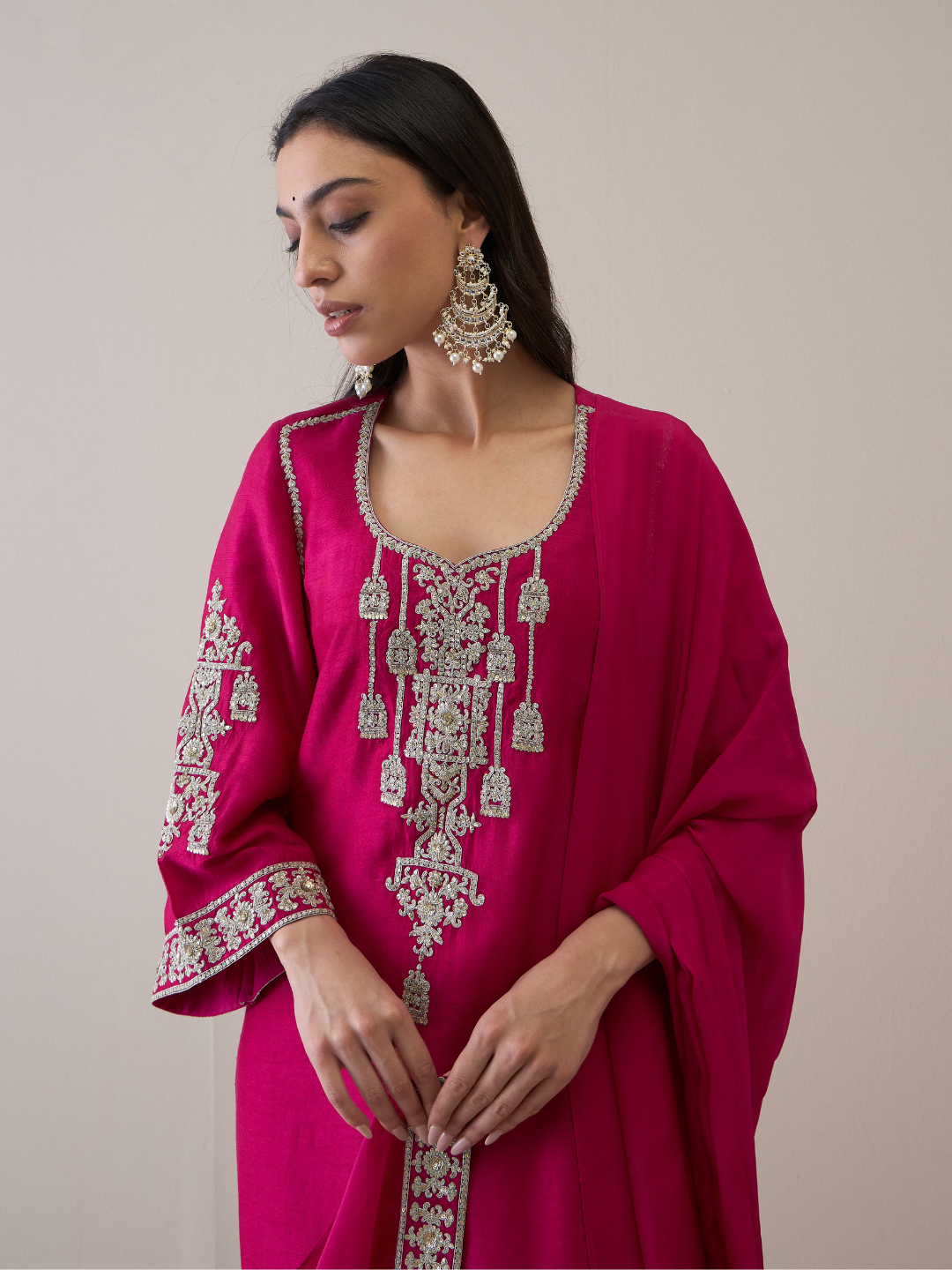 Pink Zari Embroidered Flare Sleeves Kurta Set with dupatta at Kamakhyaa by RoohbyRidhimaa. This item is Avani by RoohbyRidhimaa, Festive Wear, Kurta Set with Dupattas, Pink, Relaxed Fit, Silk Organza, Toxin free, Viscose Raw Silk, Zari Embroidered