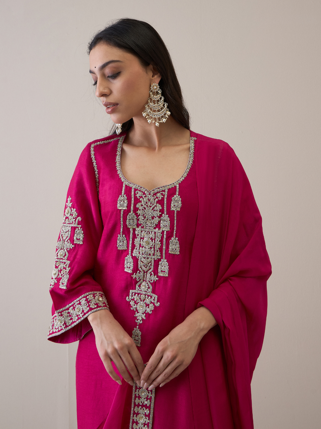 Pink Zari Embroidered Flare Sleeves Kurta Set with dupatta at Kamakhyaa by RoohbyRidhimaa. This item is Avani by RoohbyRidhimaa, Festive Wear, Kurta Set with Dupattas, Pink, Relaxed Fit, Silk Organza, Toxin free, Viscose Raw Silk, Zari Embroidered