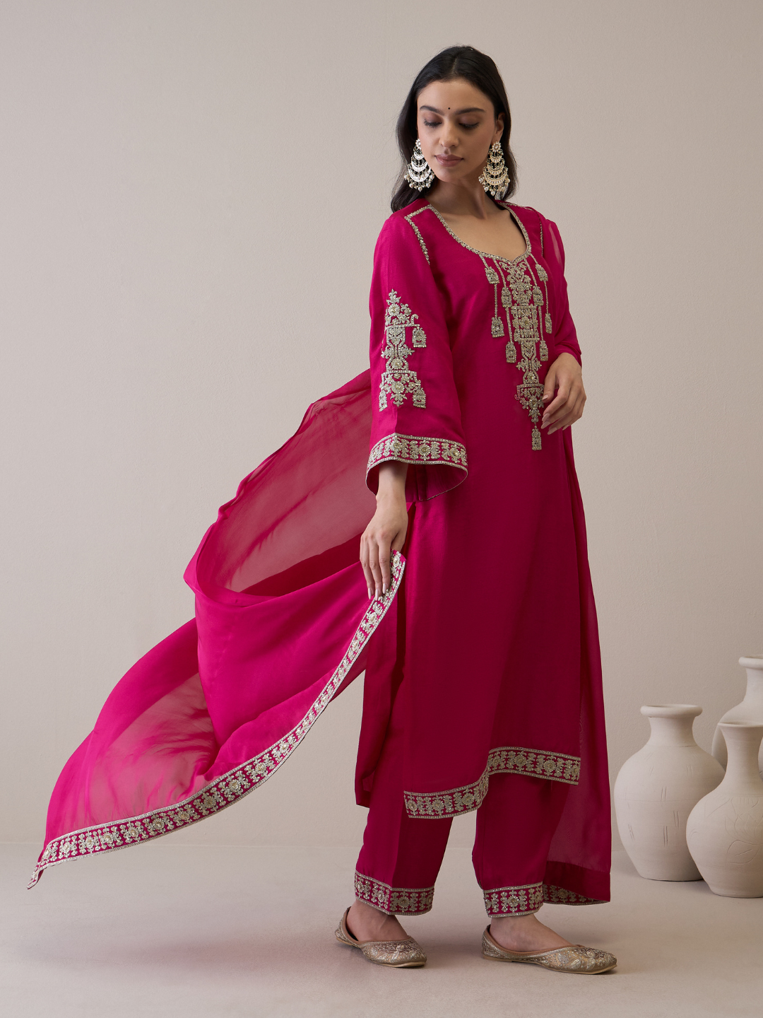 Pink Zari Embroidered Flare Sleeves Kurta Set with dupatta at Kamakhyaa by RoohbyRidhimaa. This item is Avani by RoohbyRidhimaa, Festive Wear, Kurta Set with Dupattas, Pink, Relaxed Fit, Silk Organza, Toxin free, Viscose Raw Silk, Zari Embroidered