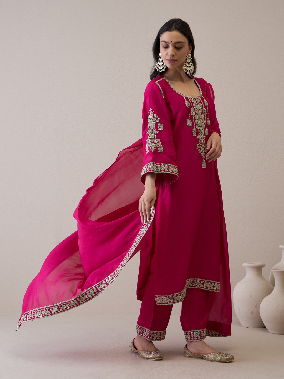 Pink Zari Embroidered Flare Sleeves Kurta Set with dupatta at Kamakhyaa by RoohbyRidhimaa. This item is Avani by RoohbyRidhimaa, Festive Wear, Kurta Set with Dupattas, Pink, Relaxed Fit, Silk Organza, Toxin free, Viscose Raw Silk, Zari Embroidered