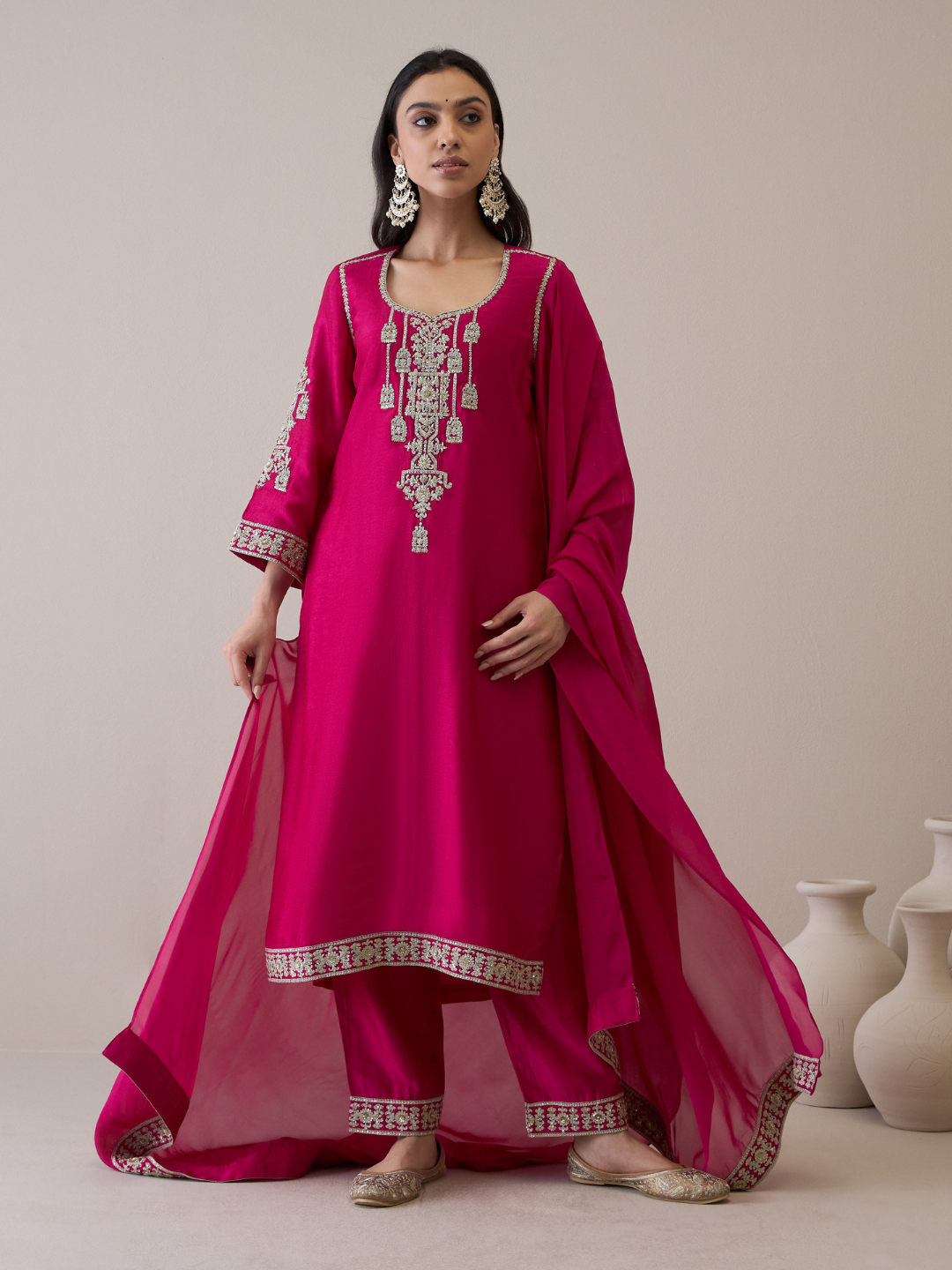 Pink Zari Embroidered Flare Sleeves Kurta Set with dupatta at Kamakhyaa by RoohbyRidhimaa. This item is Avani by RoohbyRidhimaa, Festive Wear, Kurta Set with Dupattas, Pink, Relaxed Fit, Silk Organza, Toxin free, Viscose Raw Silk, Zari Embroidered