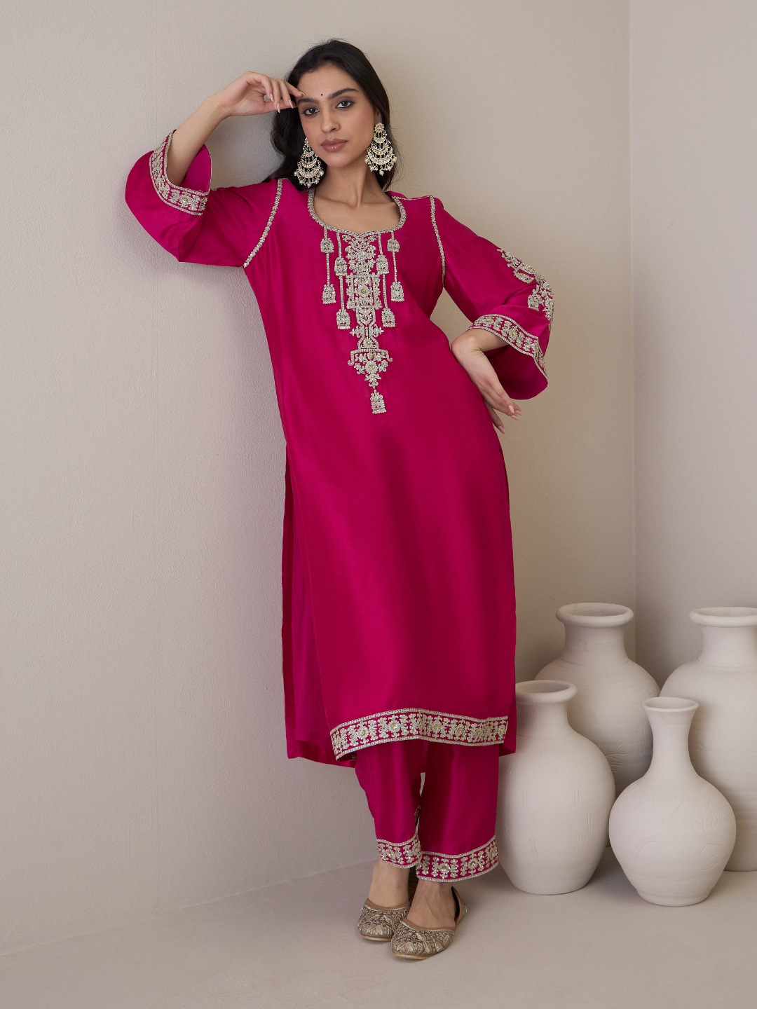 Pink Zari Embroidered Flare Sleeves Kurta Set with dupatta at Kamakhyaa by RoohbyRidhimaa. This item is Avani by RoohbyRidhimaa, Festive Wear, Kurta Set with Dupattas, Pink, Relaxed Fit, Silk Organza, Toxin free, Viscose Raw Silk, Zari Embroidered