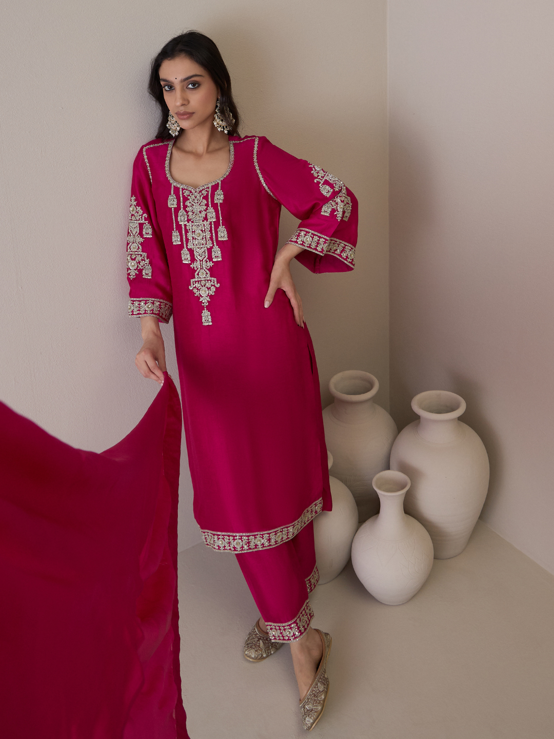 Pink Zari Embroidered Flare Sleeves Kurta Set with dupatta at Kamakhyaa by RoohbyRidhimaa. This item is Avani by RoohbyRidhimaa, Festive Wear, Kurta Set with Dupattas, Pink, Relaxed Fit, Silk Organza, Toxin free, Viscose Raw Silk, Zari Embroidered