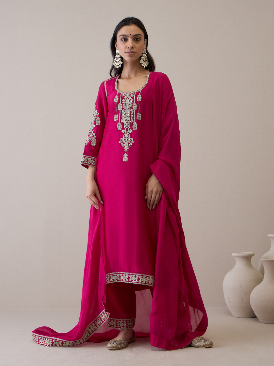 Pink Zari Embroidered Flare Sleeves Kurta Set with dupatta at Kamakhyaa by RoohbyRidhimaa. This item is Avani by RoohbyRidhimaa, Festive Wear, Kurta Set with Dupattas, Pink, Relaxed Fit, Silk Organza, Toxin free, Viscose Raw Silk, Zari Embroidered