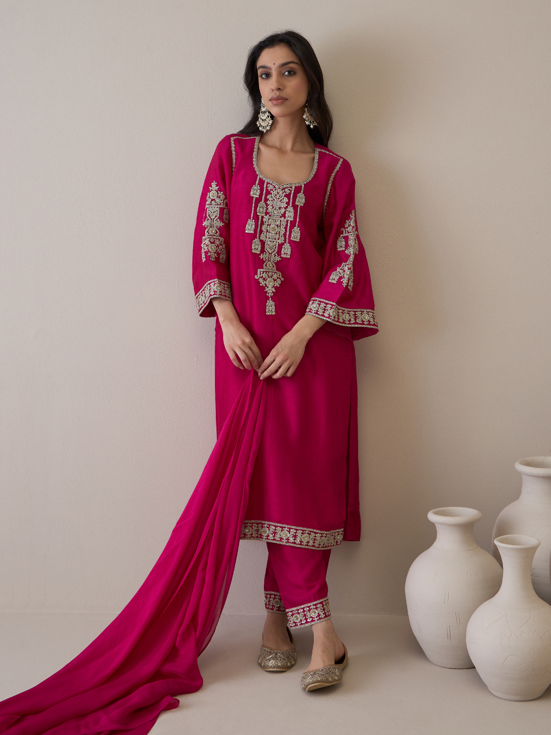 Pink Zari Embroidered Flare Sleeves Kurta Set with dupatta at Kamakhyaa by RoohbyRidhimaa. This item is Avani by RoohbyRidhimaa, Festive Wear, Kurta Set with Dupattas, Pink, Relaxed Fit, Silk Organza, Toxin free, Viscose Raw Silk, Zari Embroidered