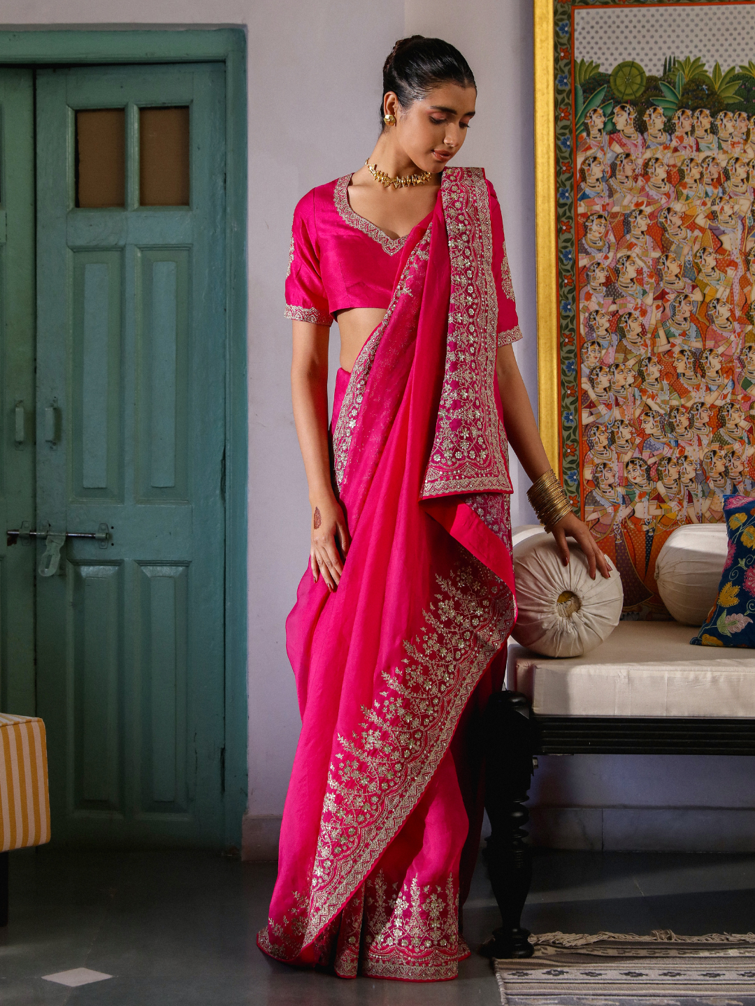 Pink Zari Embroidered Organza Saree Set at Kamakhyaa by RoohbyRidhimaa. This item is Embroidered, Festive Wear, Free Size, Pink, Saree Sets, Toxin free, Zari Embroidered