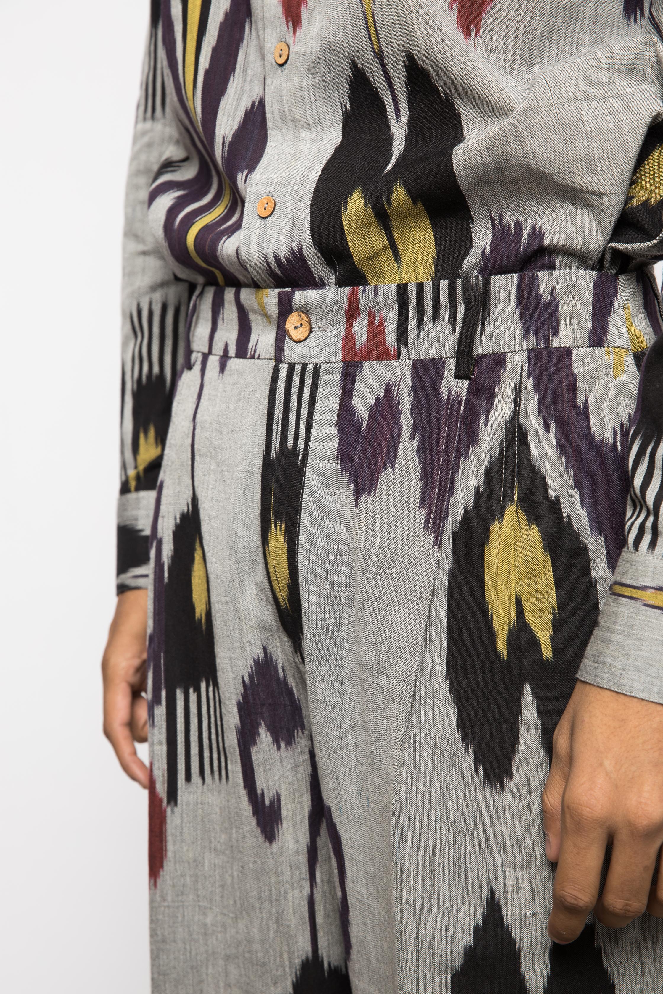 Pleated Barrel-Leg Pants at kamakhyaa.com by Anushé Pirani. This item is 100% Cotton, Beach Wear, Brunch Wear, Casual Wear, Console Collection List, Cotton, Evening Wear, Fresh Ink by Anushe Pirani, Grey, Handwoven cotton, Ikat Prints, Menswear, Regular Fit, Resort Wear, Vacation Wear