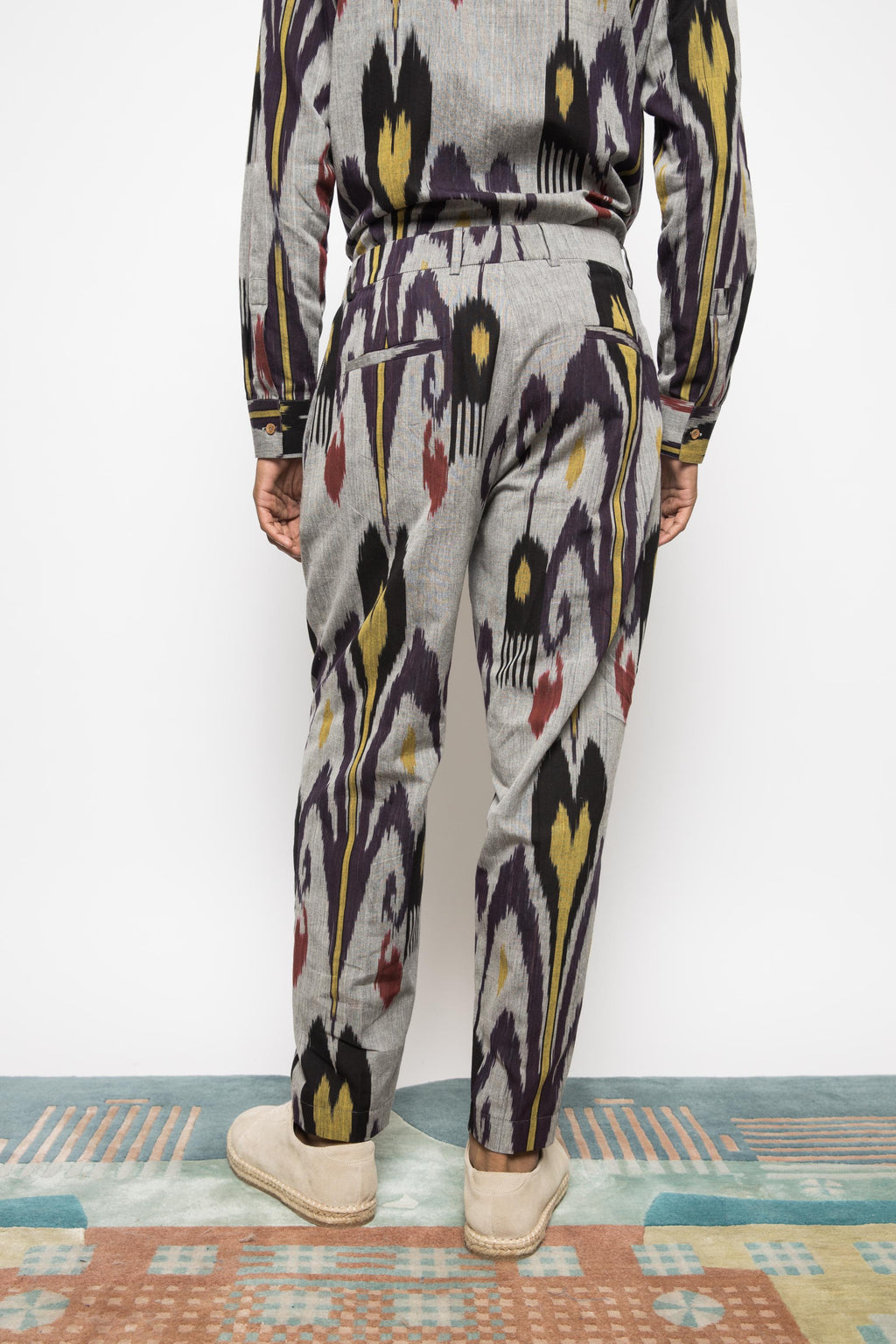 Pleated Barrel-Leg Pants at kamakhyaa.com by Anushé Pirani. This item is 100% Cotton, Beach Wear, Brunch Wear, Casual Wear, Console Collection List, Cotton, Evening Wear, Fresh Ink by Anushe Pirani, Grey, Handwoven cotton, Ikat Prints, Menswear, Regular Fit, Resort Wear, Vacation Wear