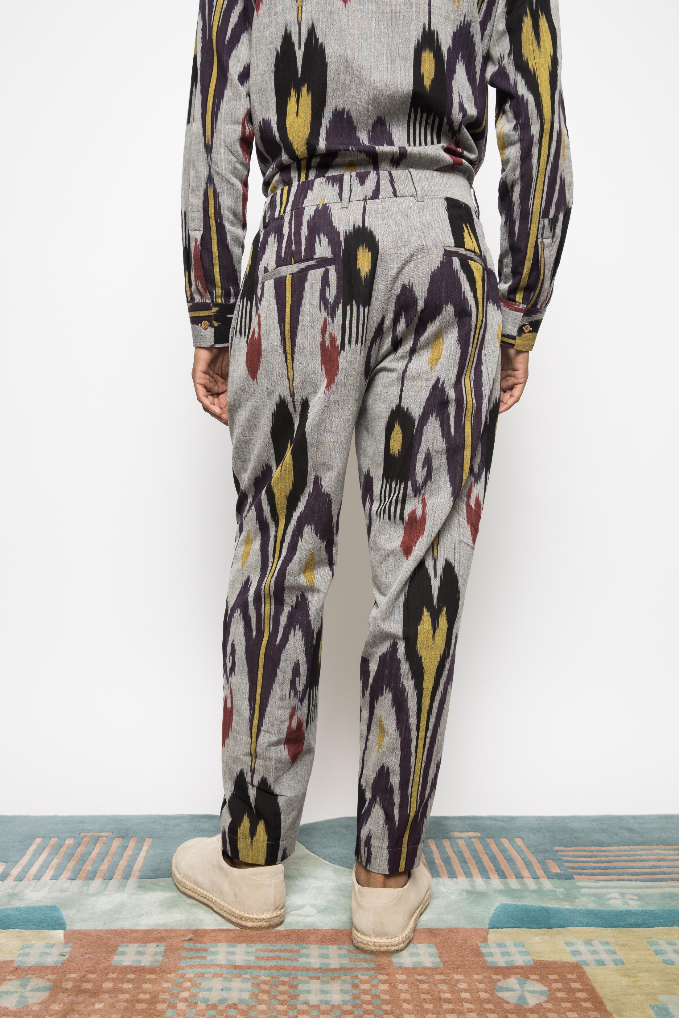 Pleated Barrel-Leg Pants at kamakhyaa.com by Anushé Pirani. This item is 100% Cotton, Beach Wear, Brunch Wear, Casual Wear, Console Collection List, Cotton, Evening Wear, Fresh Ink by Anushe Pirani, Grey, Handwoven cotton, Ikat Prints, Menswear, Regular Fit, Resort Wear, Vacation Wear
