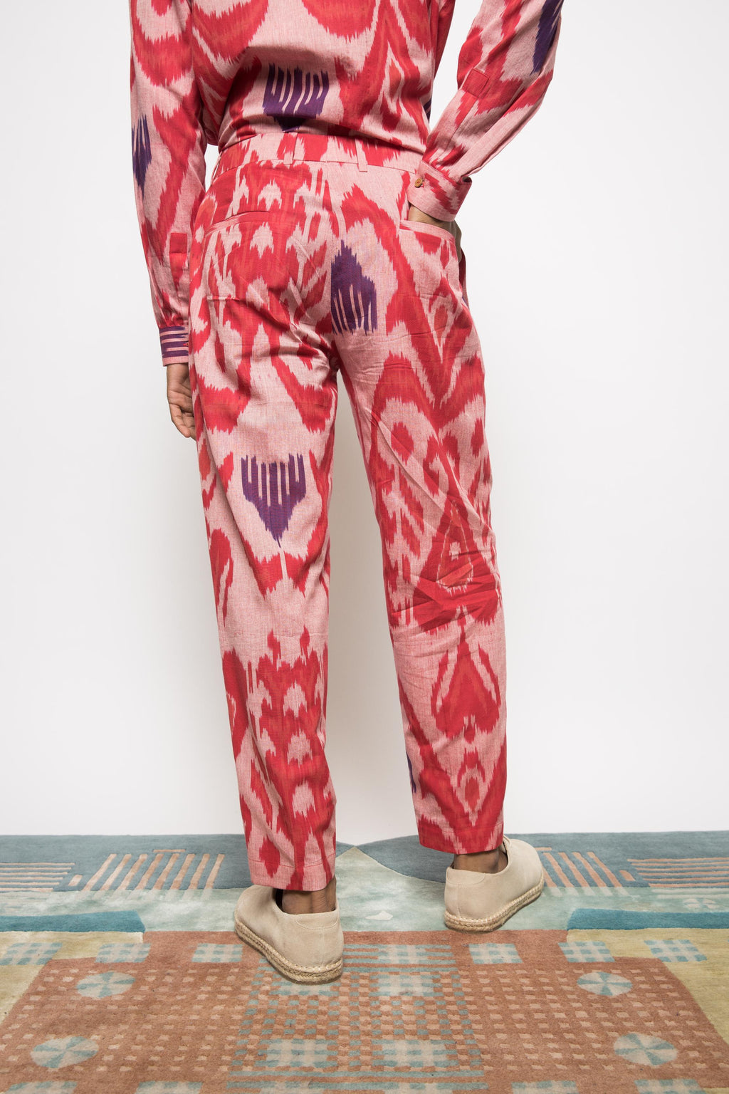 Pleated Barrel-Leg Pants at kamakhyaa.com by Anushé Pirani. This item is Beach Wear, Brunch Wear, Casual Wear, Console Collection List, Cotton, Evening Wear, Fresh Ink by Anushe Pirani, Ikat Prints, Light Pink, Menswear, Pink, Regular Fit, Resort Wear, Vacation Wear