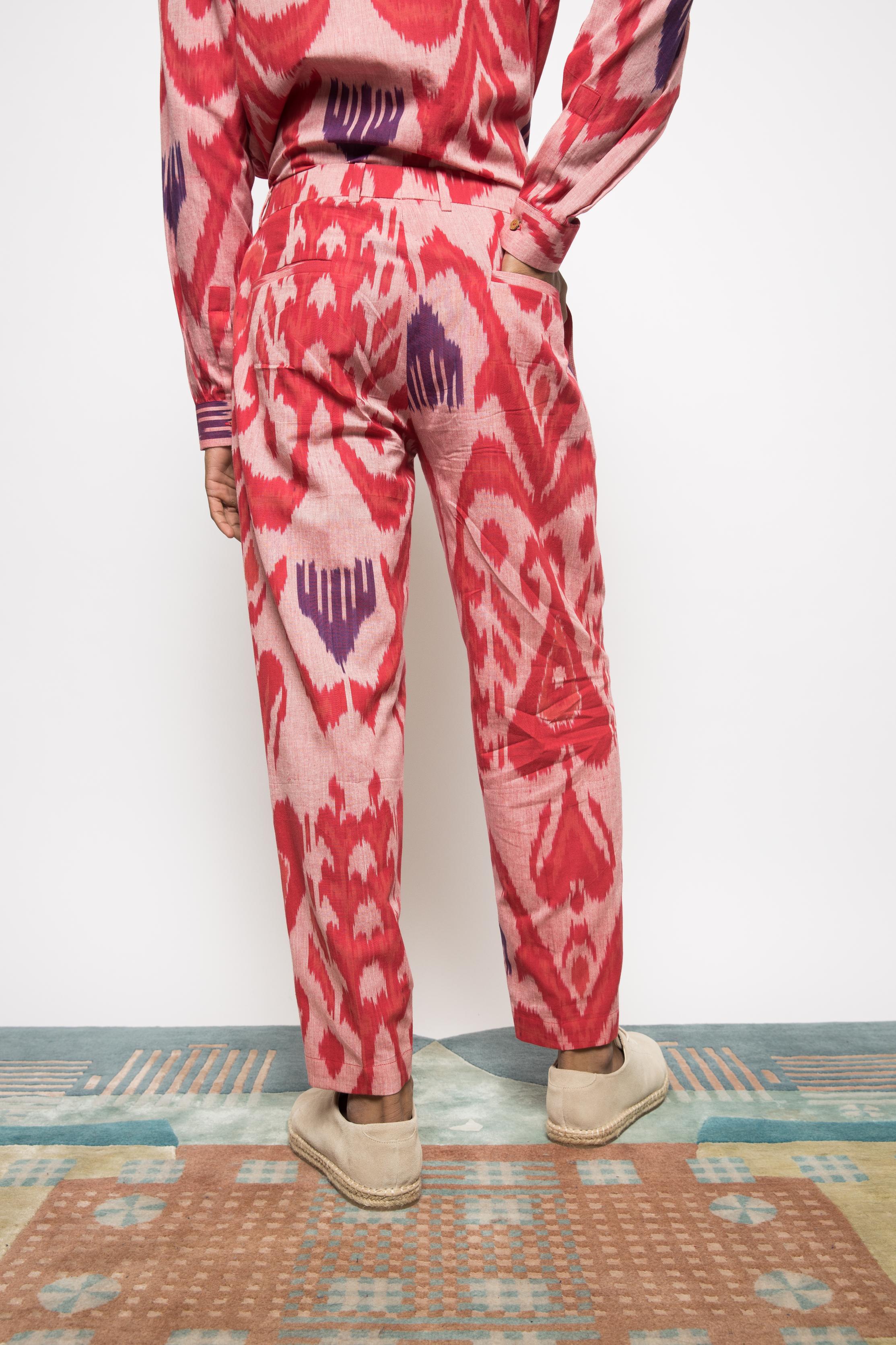 Pleated Barrel-Leg Pants at kamakhyaa.com by Anushé Pirani. This item is Beach Wear, Brunch Wear, Casual Wear, Console Collection List, Cotton, Evening Wear, Fresh Ink by Anushe Pirani, Ikat Prints, Light Pink, Menswear, Pink, Regular Fit, Resort Wear, Vacation Wear