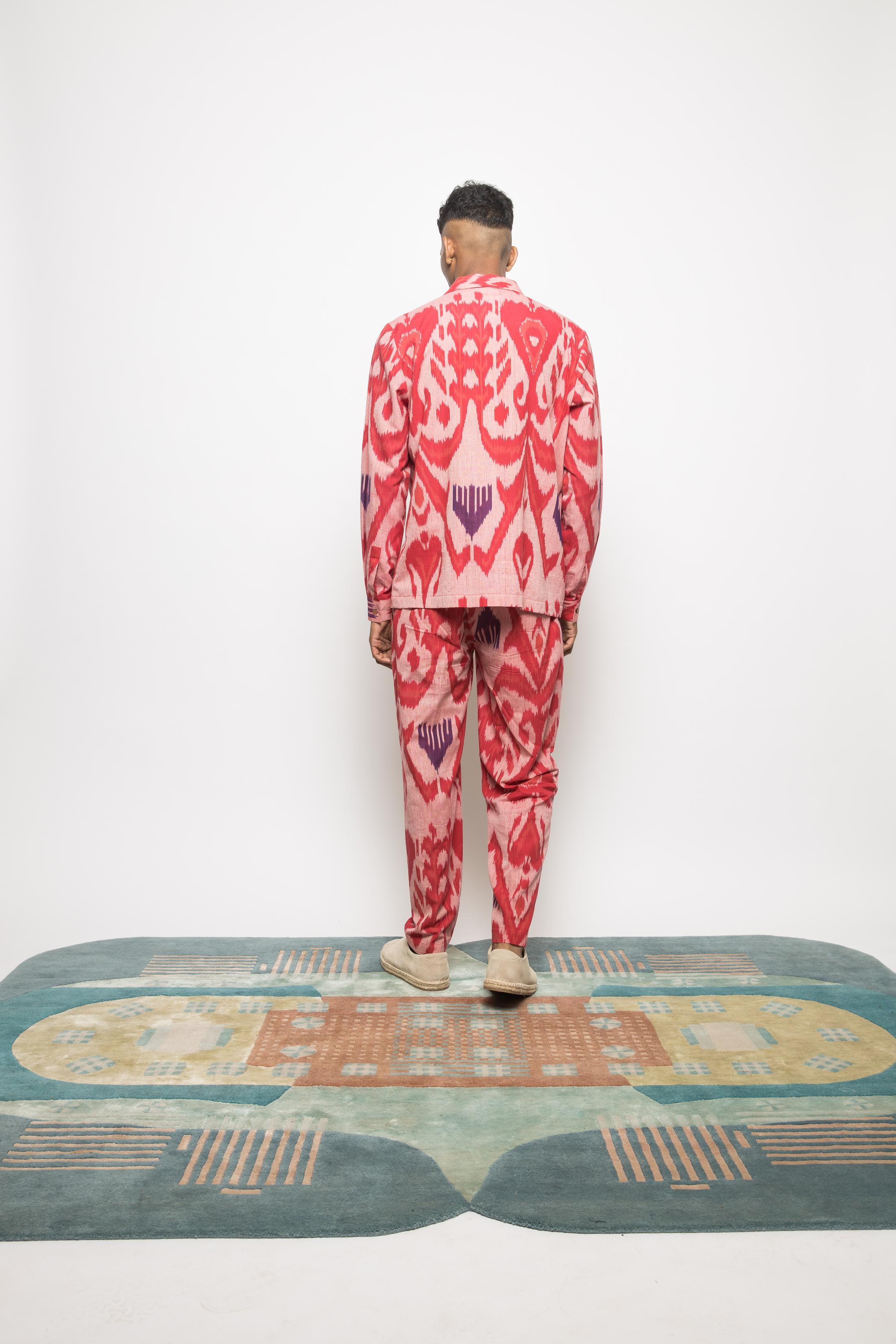 Pleated Barrel-Leg Pants at kamakhyaa.com by Anushé Pirani. This item is Beach Wear, Brunch Wear, Casual Wear, Console Collection List, Cotton, Evening Wear, Fresh Ink by Anushe Pirani, Ikat Prints, Light Pink, Menswear, Pink, Regular Fit, Resort Wear, Vacation Wear