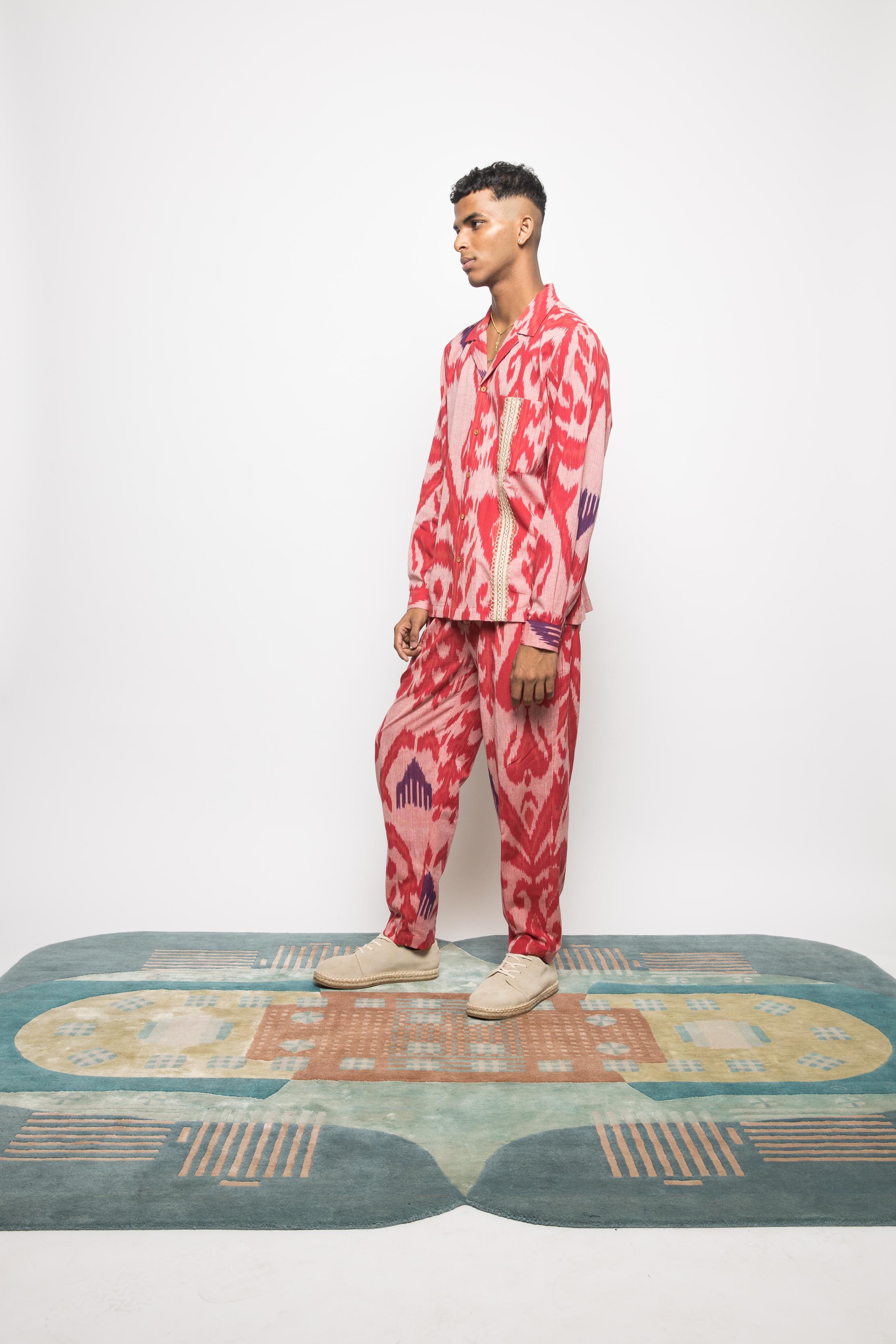 Pleated Barrel-Leg Pants at kamakhyaa.com by Anushé Pirani. This item is Beach Wear, Brunch Wear, Casual Wear, Console Collection List, Cotton, Evening Wear, Fresh Ink by Anushe Pirani, Ikat Prints, Light Pink, Menswear, Pink, Regular Fit, Resort Wear, Vacation Wear
