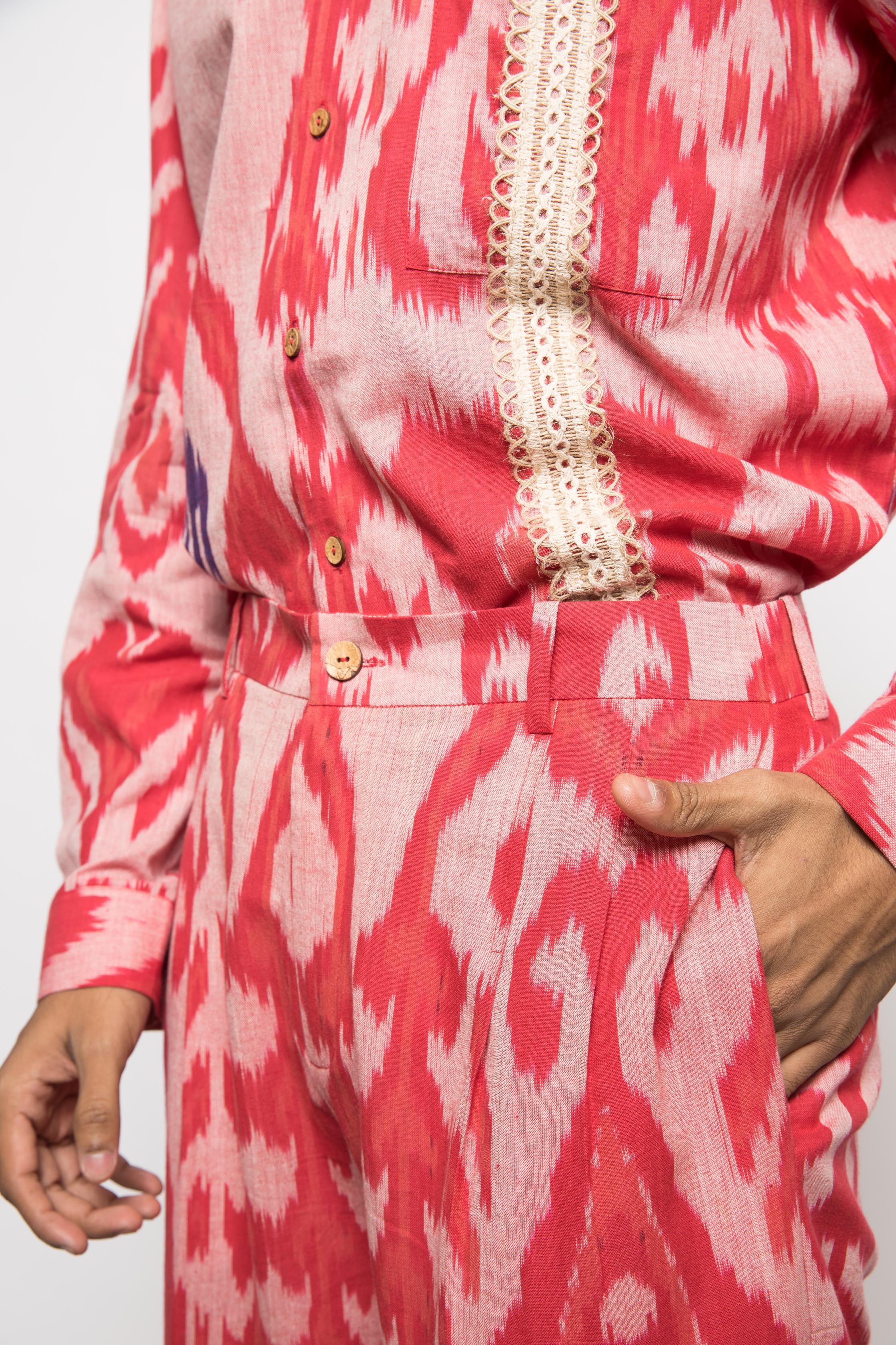 Pleated Barrel-Leg Pants at kamakhyaa.com by Anushé Pirani. This item is Beach Wear, Brunch Wear, Casual Wear, Console Collection List, Cotton, Evening Wear, Fresh Ink by Anushe Pirani, Ikat Prints, Light Pink, Menswear, Pink, Regular Fit, Resort Wear, Vacation Wear