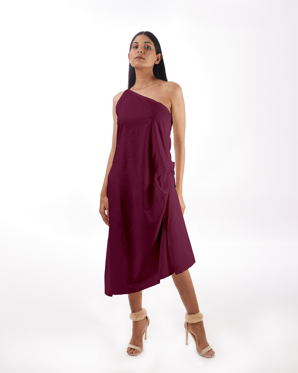 Plum One Shoulder Dress at Kamakhyaa by Kamakhyaa. This item is 100% pure cotton, Evening Wear, FB ADS JUNE, KKYSS, Natural, One Shoulder Dresses, Purple, Regular Fit, Solids, Summer Sutra, Womenswear