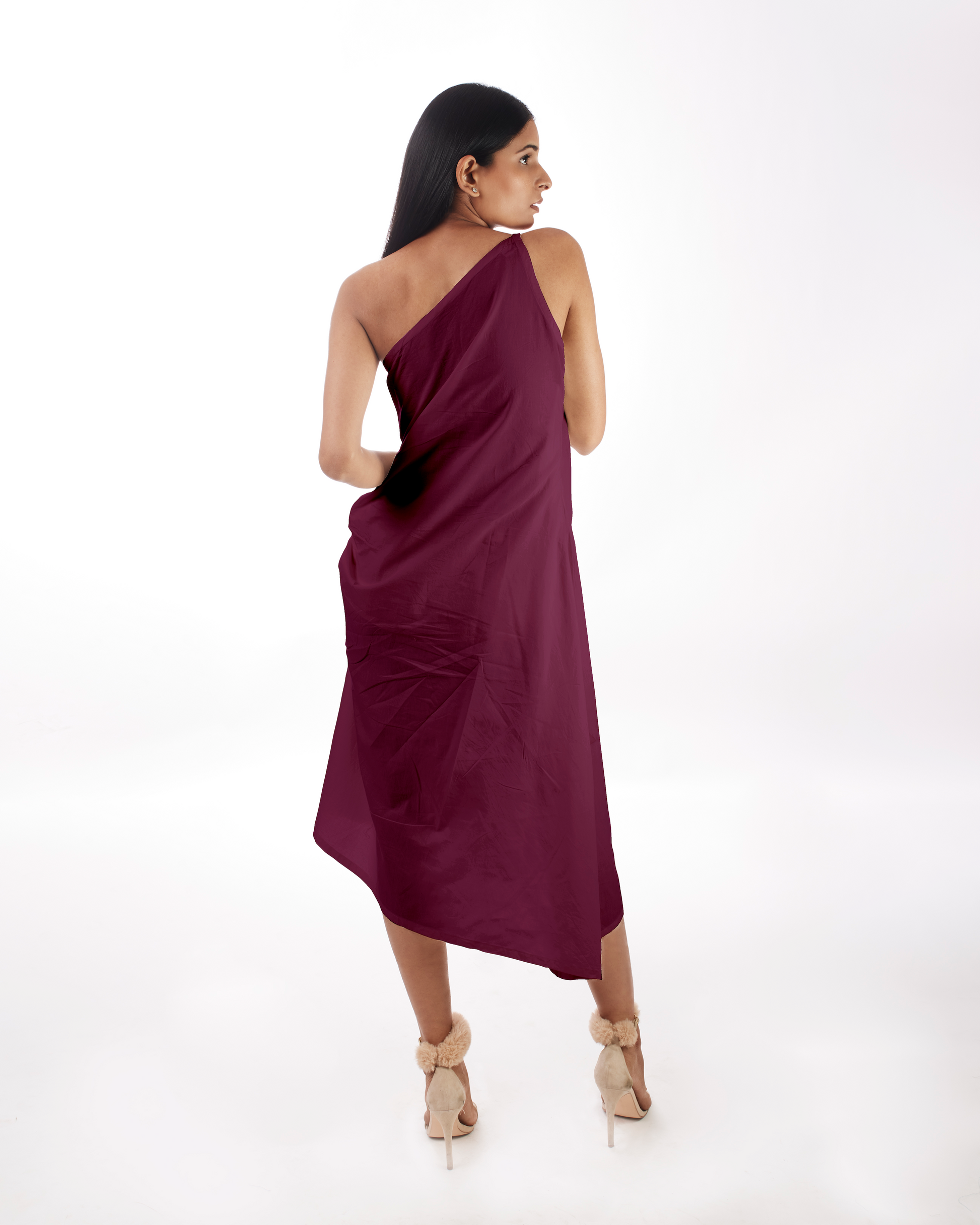 Plum One Shoulder Dress at Kamakhyaa by Kamakhyaa. This item is 100% pure cotton, Evening Wear, FB ADS JUNE, KKYSS, Natural, One Shoulder Dresses, Purple, Regular Fit, Solids, Summer Sutra, Womenswear