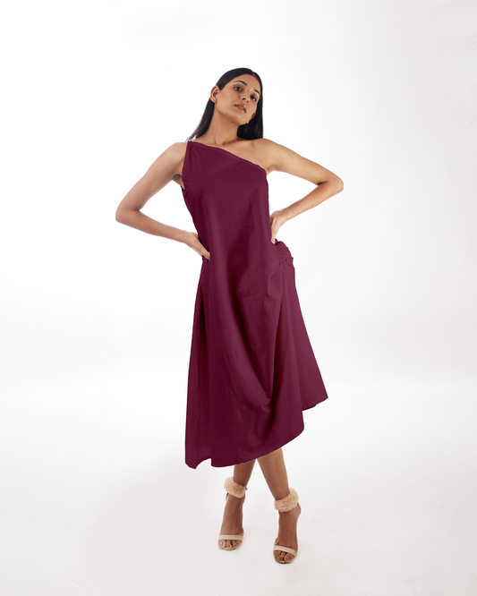 Plum One Shoulder Dress at Kamakhyaa by Kamakhyaa. This item is 100% pure cotton, Evening Wear, FB ADS JUNE, KKYSS, Natural, One Shoulder Dresses, Purple, Regular Fit, Solids, Summer Sutra, Womenswear