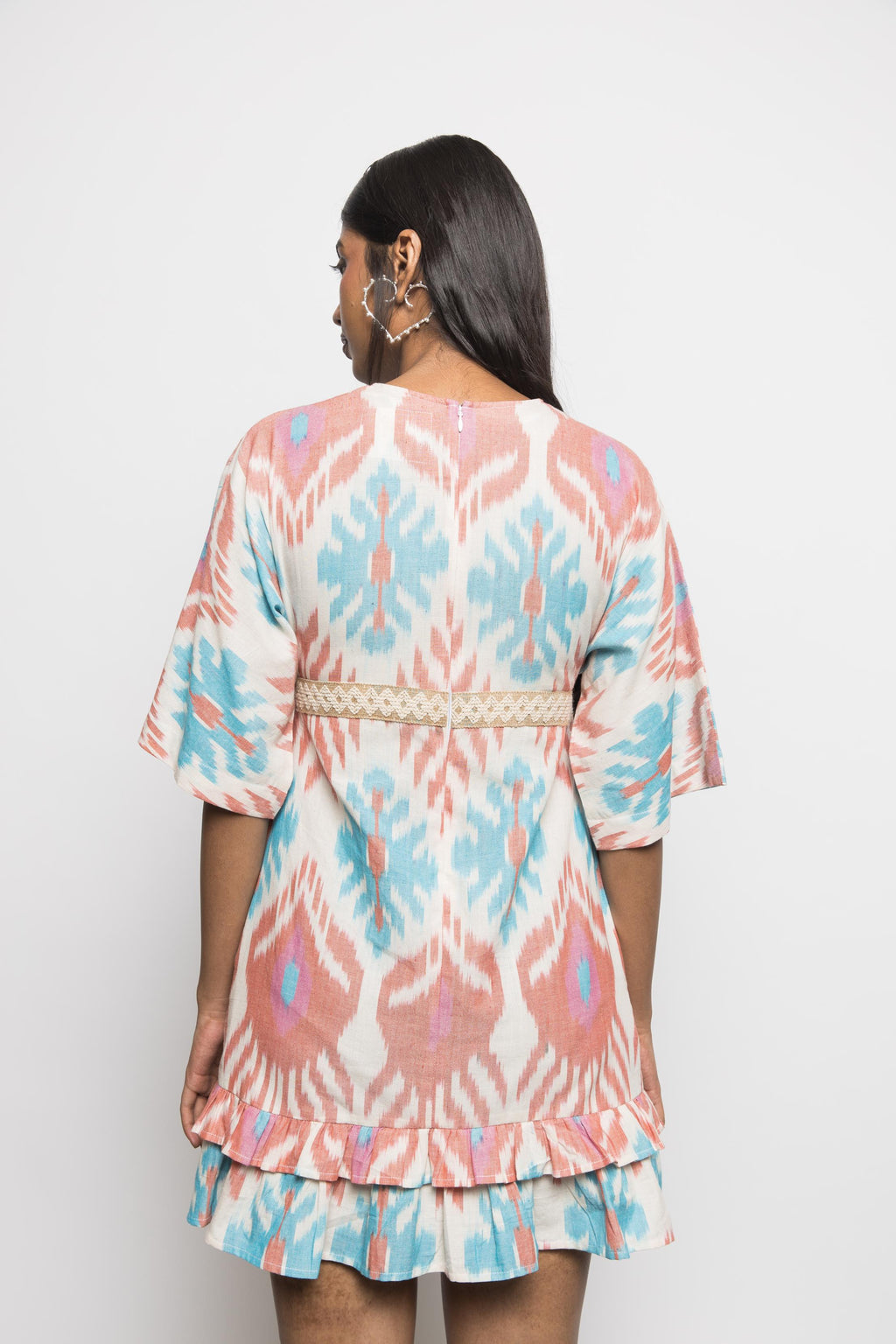Plunge Neck Ruffle Mini at kamakhyaa.com by Anushé Pirani. This item is 100% Cotton, Beach Wear, Brunch Wear, Casual Wear, Console Collection List, Cotton, Fresh Ink by Anushe Pirani, Handwoven cotton, Ikat Prints, Multicolor, Party Wear, Regular Fit, Resort Wear, Vacation Wear, Womenswear
