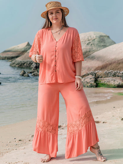 Plus Size Button Up Half Sleeve Top and Pants Set at Kamakhyaa by Trendsi. This item is H.R.Z, Ship From Overseas, Trendsi