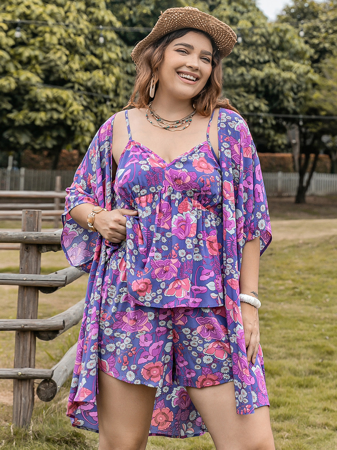 Plus Size Printed Cami, Open Front Cover Up and Shorts Set at Kamakhyaa by Trendsi. This item is H.R.Z, Ship From Overseas, Trendsi