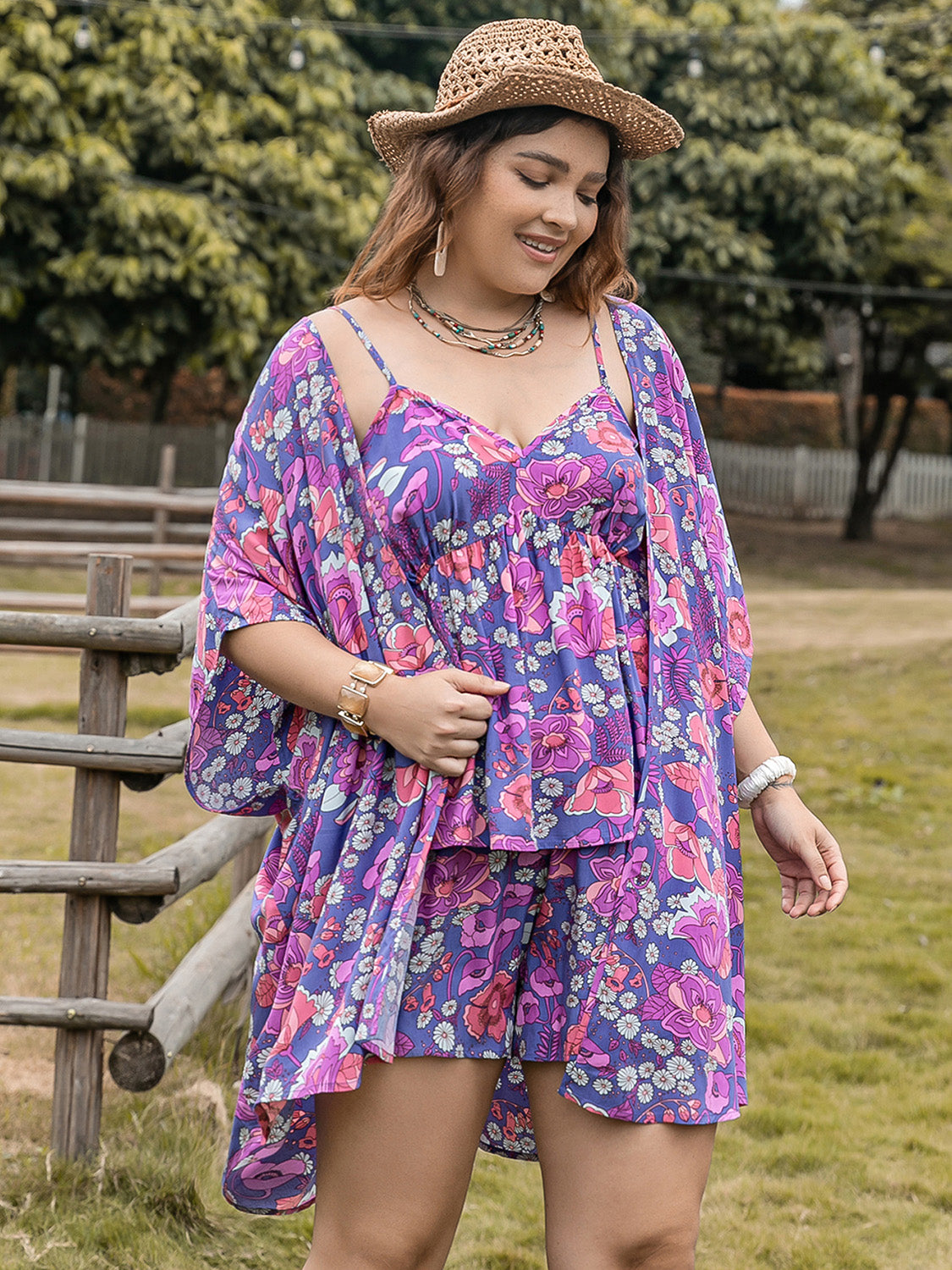 Plus Size Printed Cami, Open Front Cover Up and Shorts Set at Kamakhyaa by Trendsi. This item is H.R.Z, Ship From Overseas, Trendsi